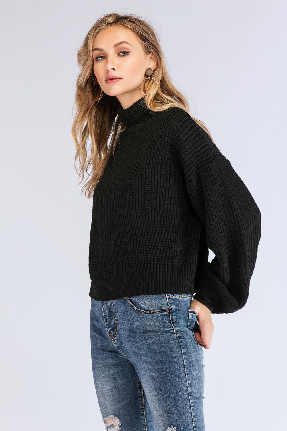 Boho Turtleneck Rib-Knit Lantern Sleeve Sweater