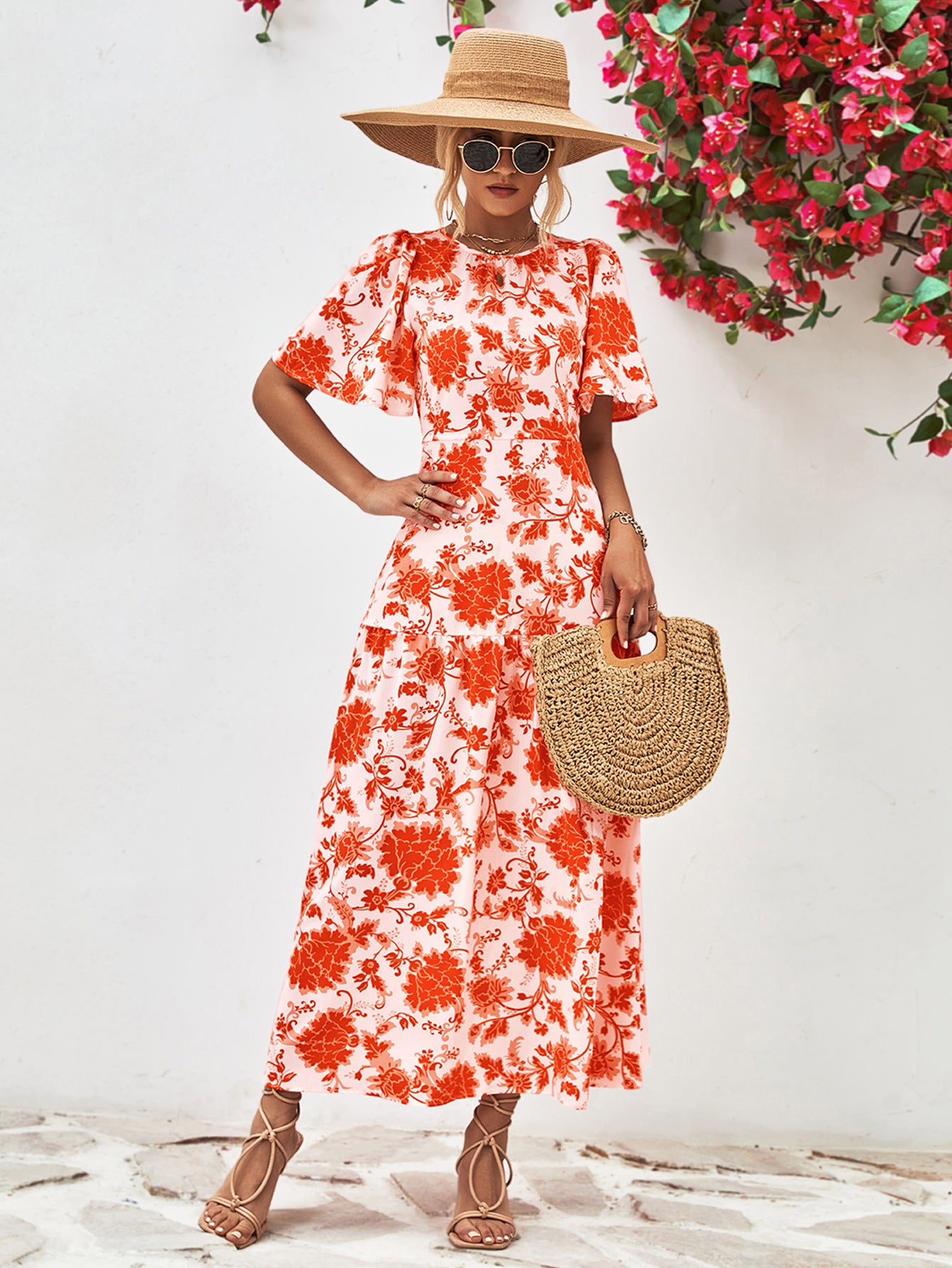 Amanda Boho Floral Round Neck Open Back Dress