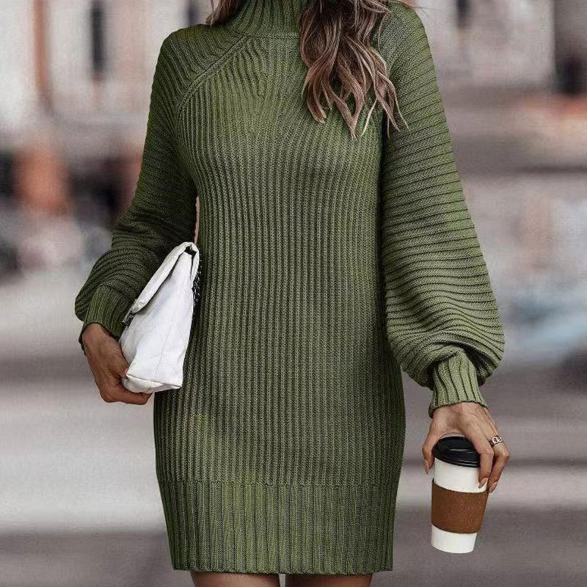 Bohemian Ribbed Mock Neck Lantern Sleeve Sweater Dress