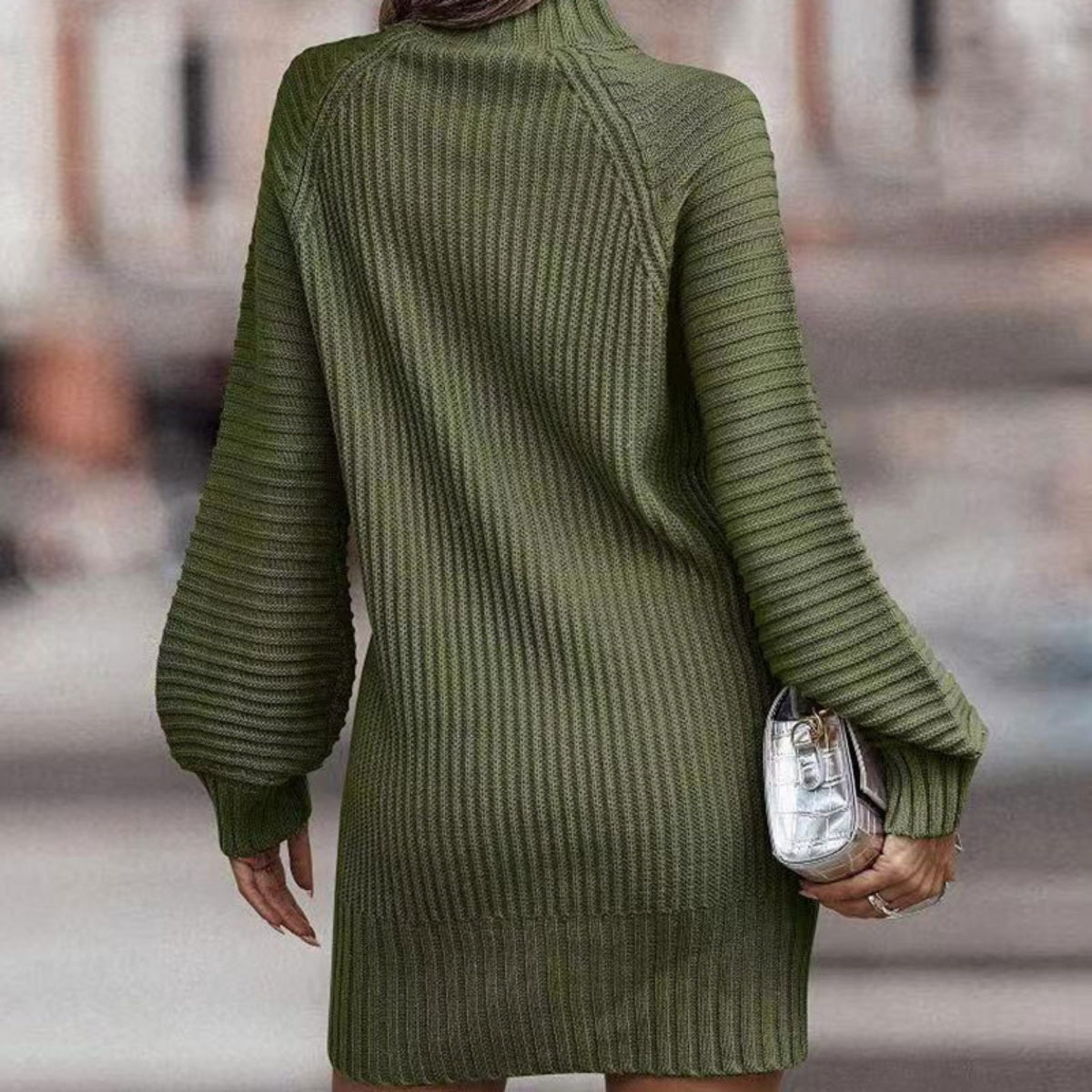 Bohemian Ribbed Mock Neck Lantern Sleeve Sweater Dress