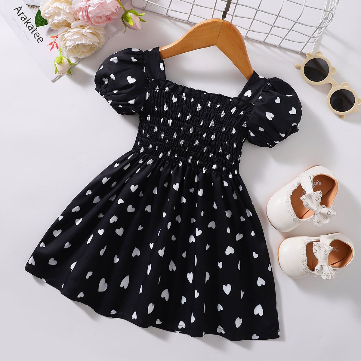 Little Baby Girl Boho Heart Print Smocked Square Neck Dress