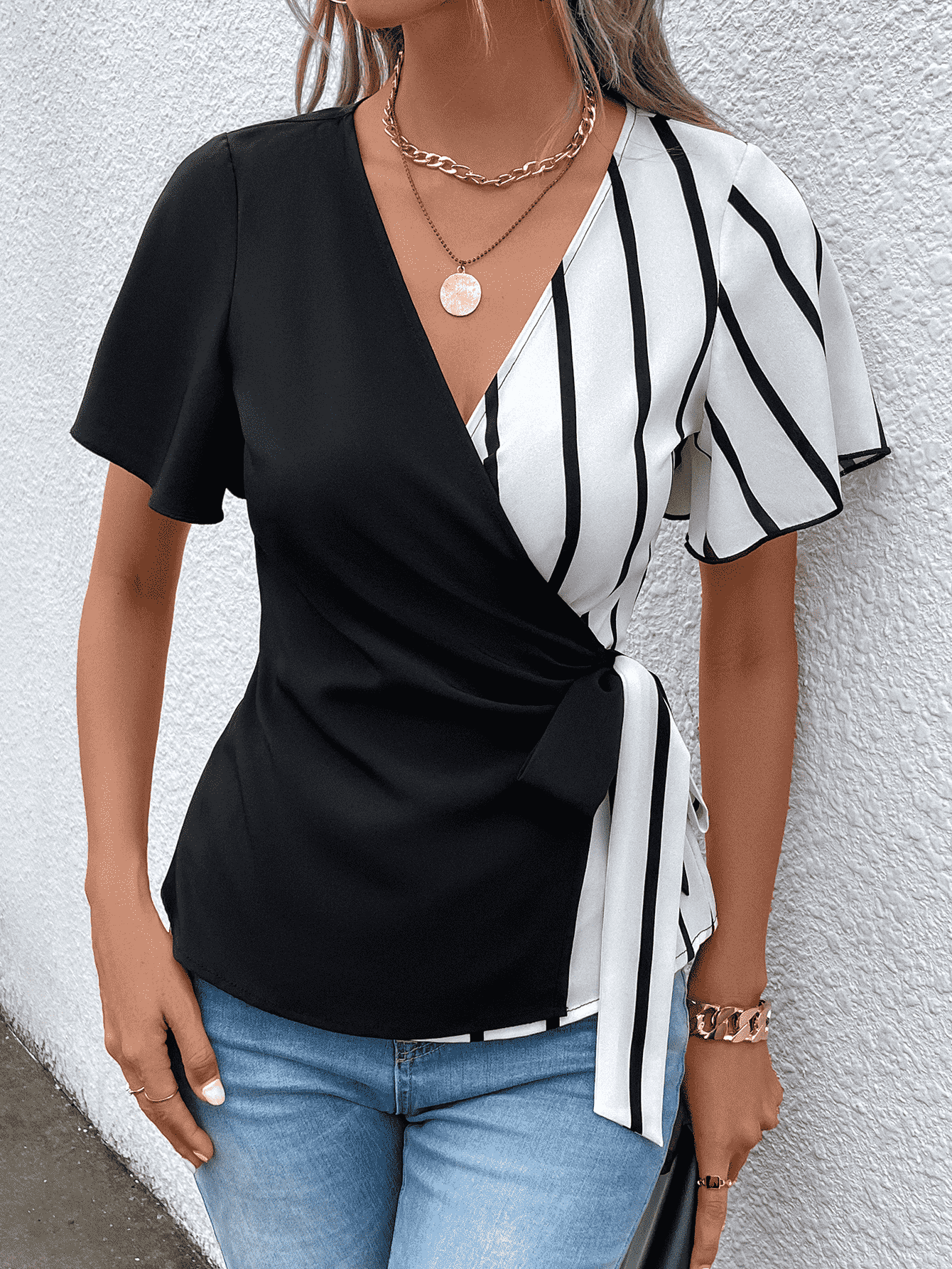Boho Wrap Black and White Waist Tie Flutter Sleeve Blouse