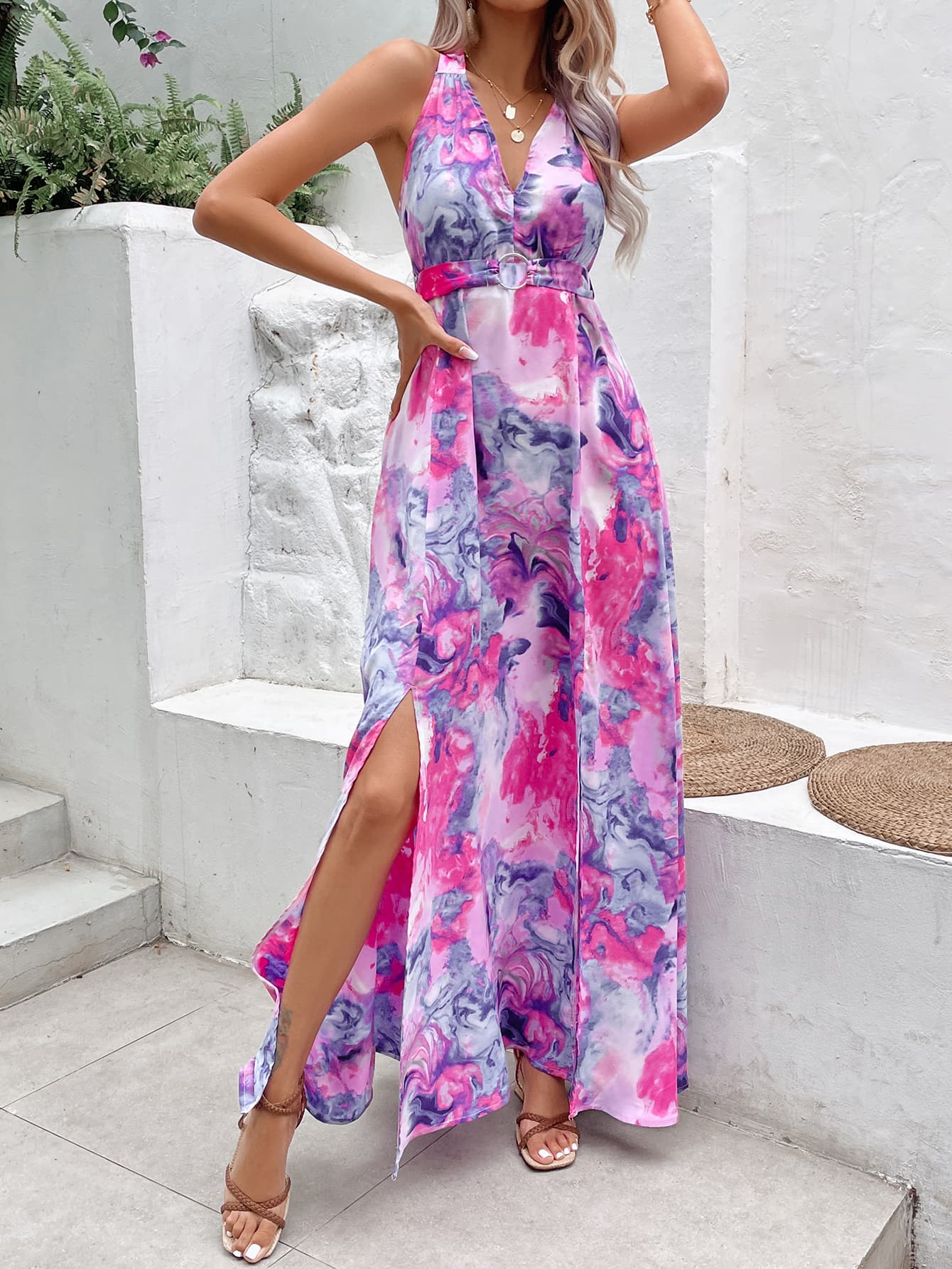 Charlotte Printed Open Back Slit Sleeveless Maxi Dress