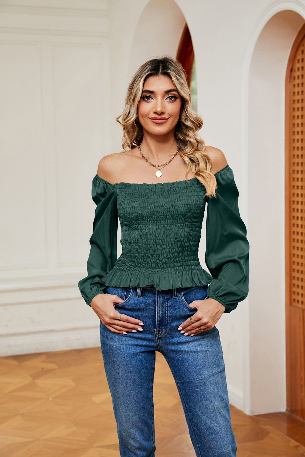 Bohemian Smocked Off the Shoulder Ruffle Hem Blouse