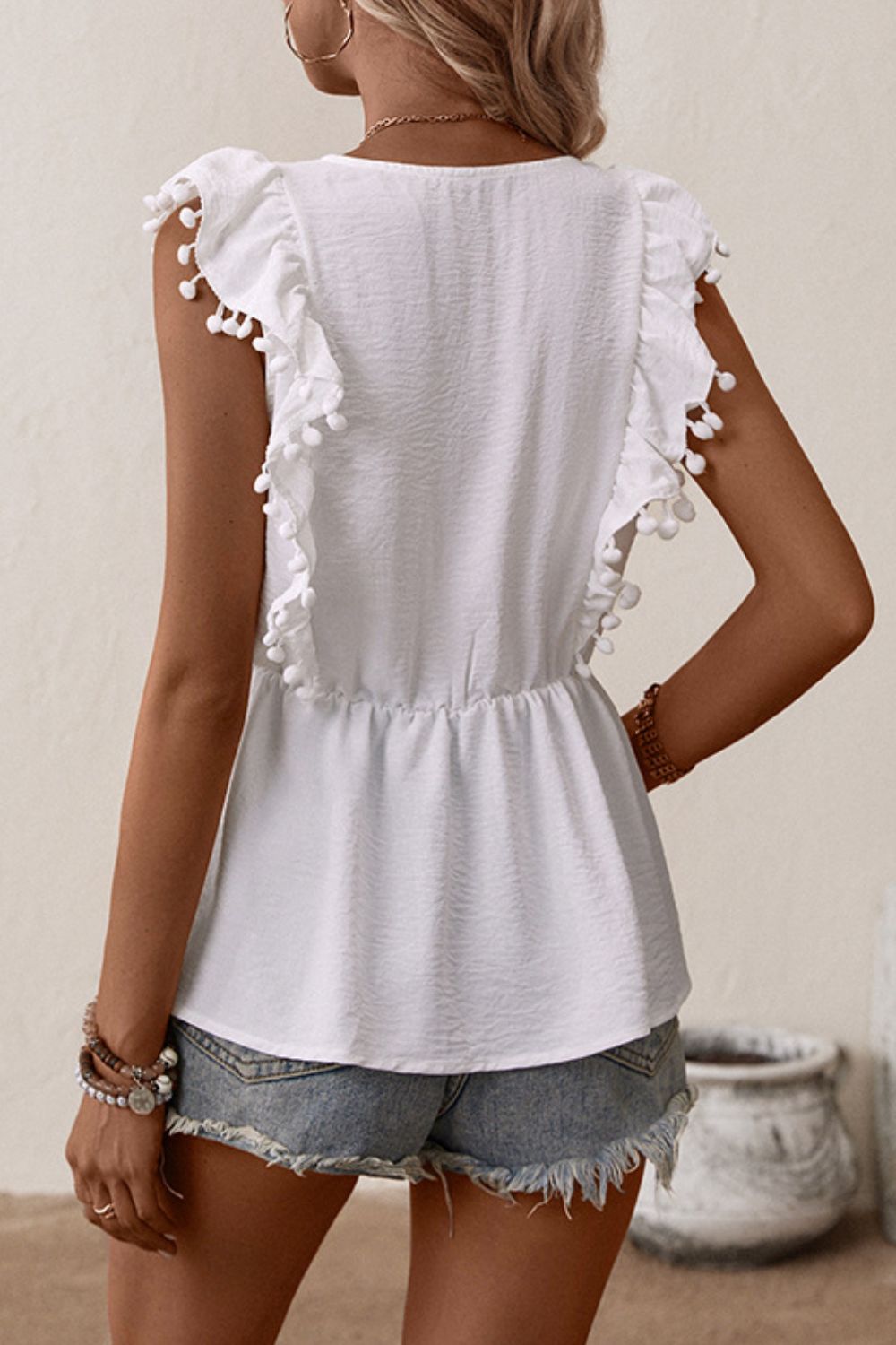 Boho Embroidered Pom-Pom Trim Cap Sleeve Babydoll Top