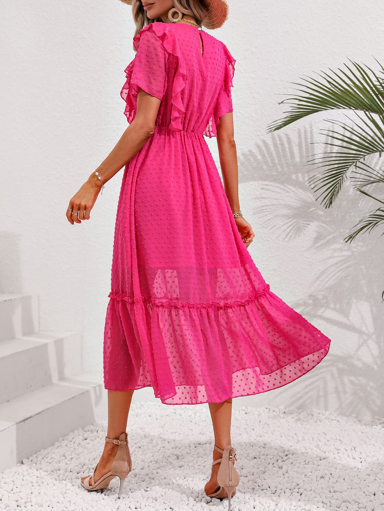 Hot Pink Swiss Dot Ruffled Short Sleeve Dress