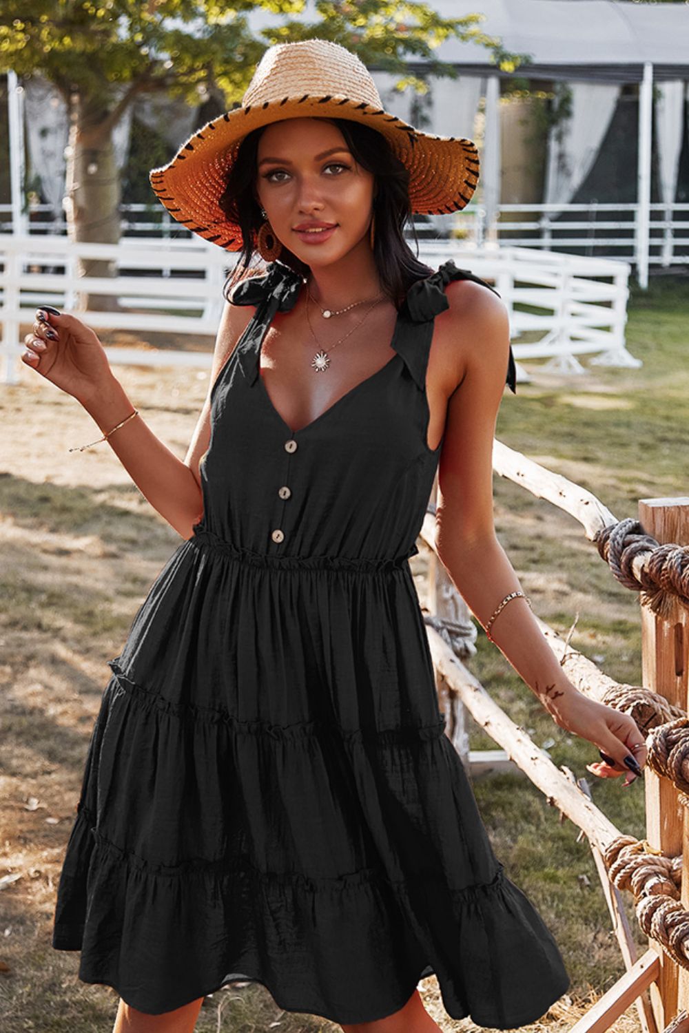 Davina Tie-Shoulder Decorative Button V-Neck Dress