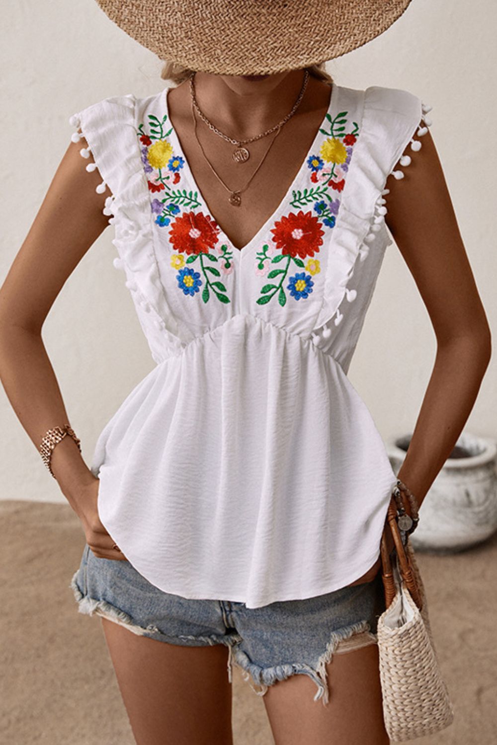 Boho Embroidered Pom-Pom Trim Cap Sleeve Babydoll Top
