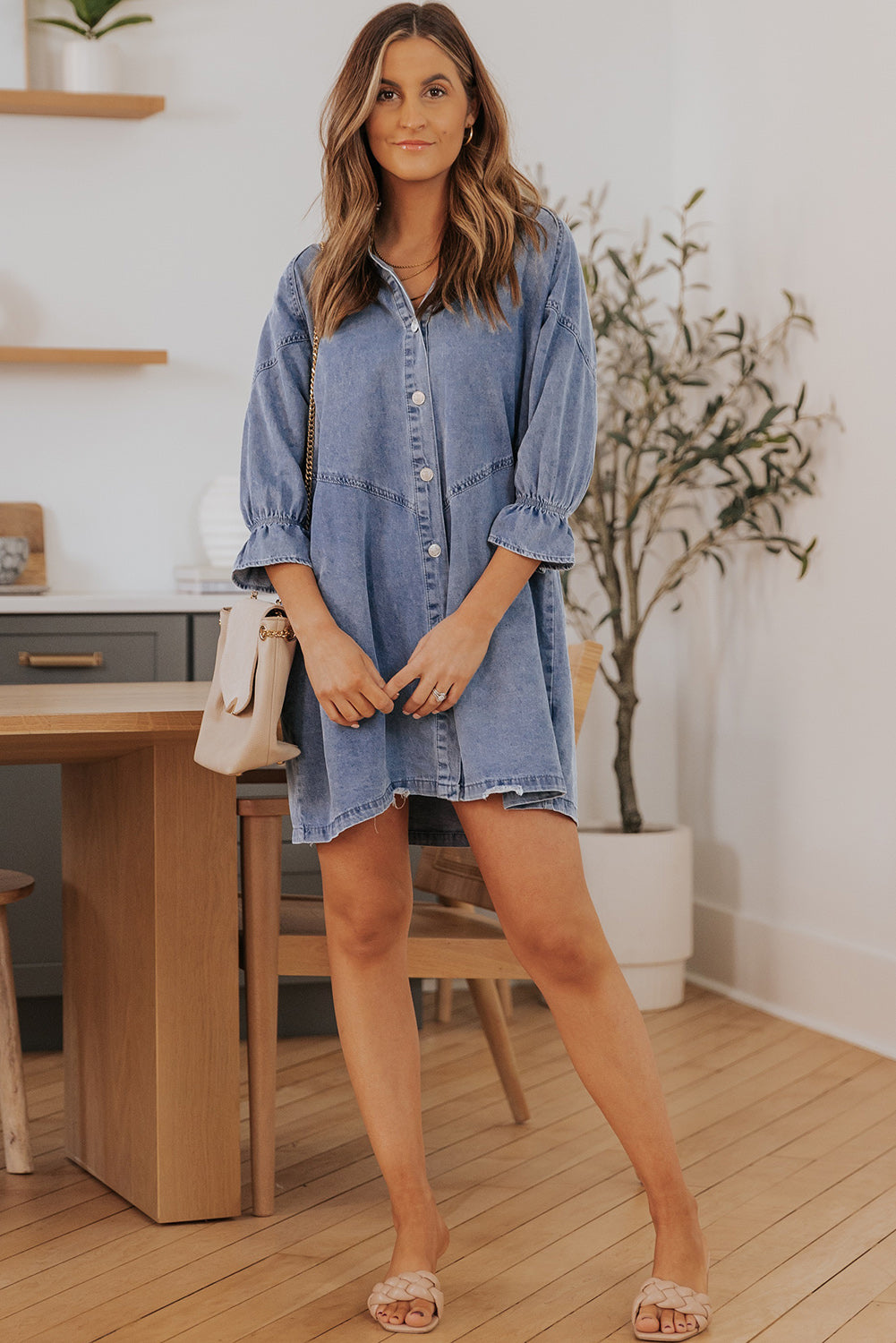 Denim Collared Neck Flounce Sleeve Mini Dress