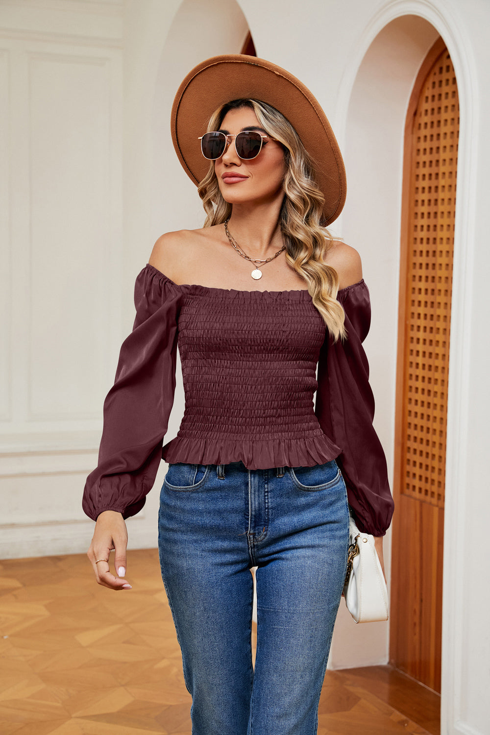 Bohemian Smocked Off the Shoulder Ruffle Hem Blouse