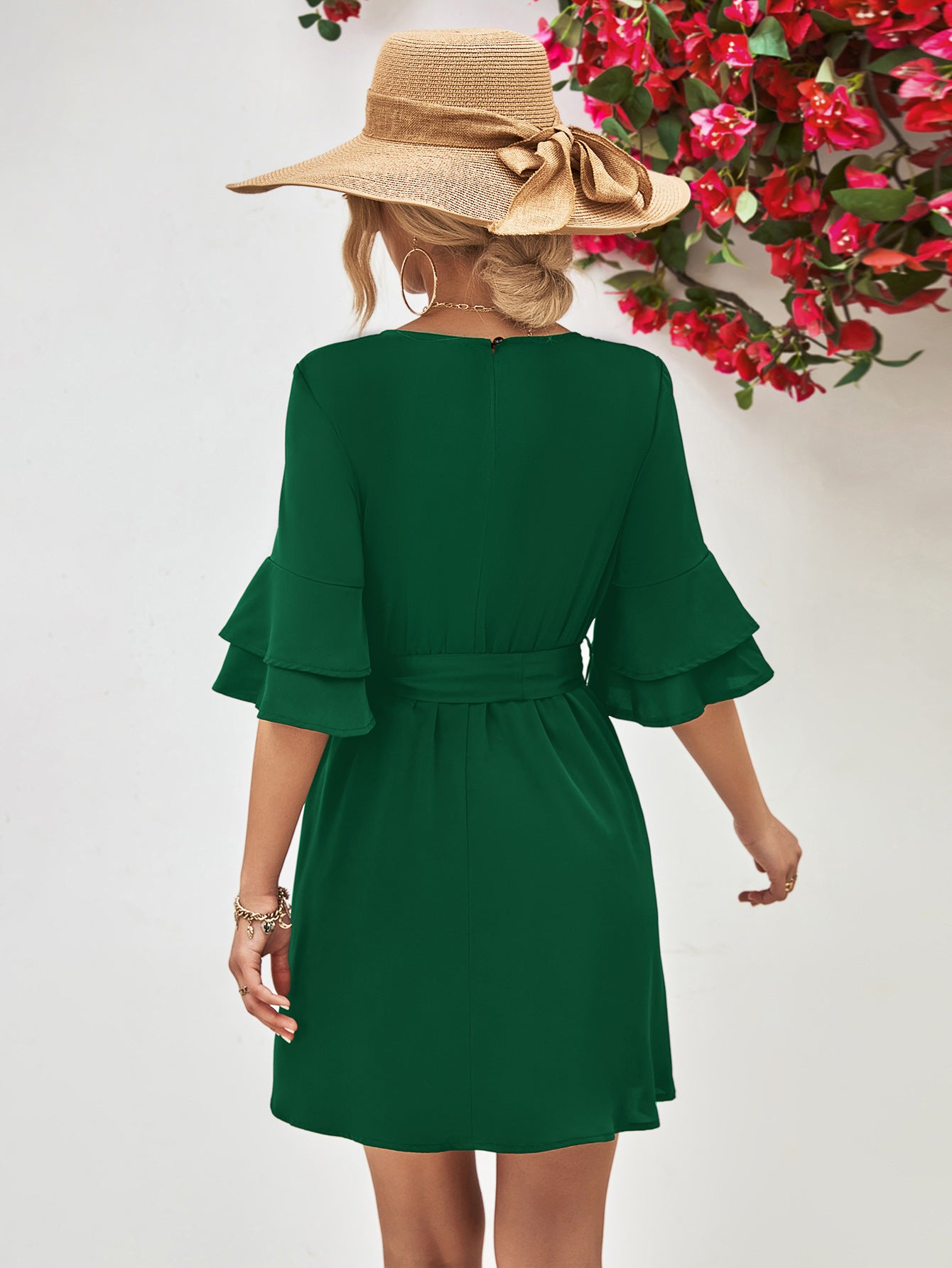 Charlie Round Neck Tie Belt Flounce Sleeve Dress