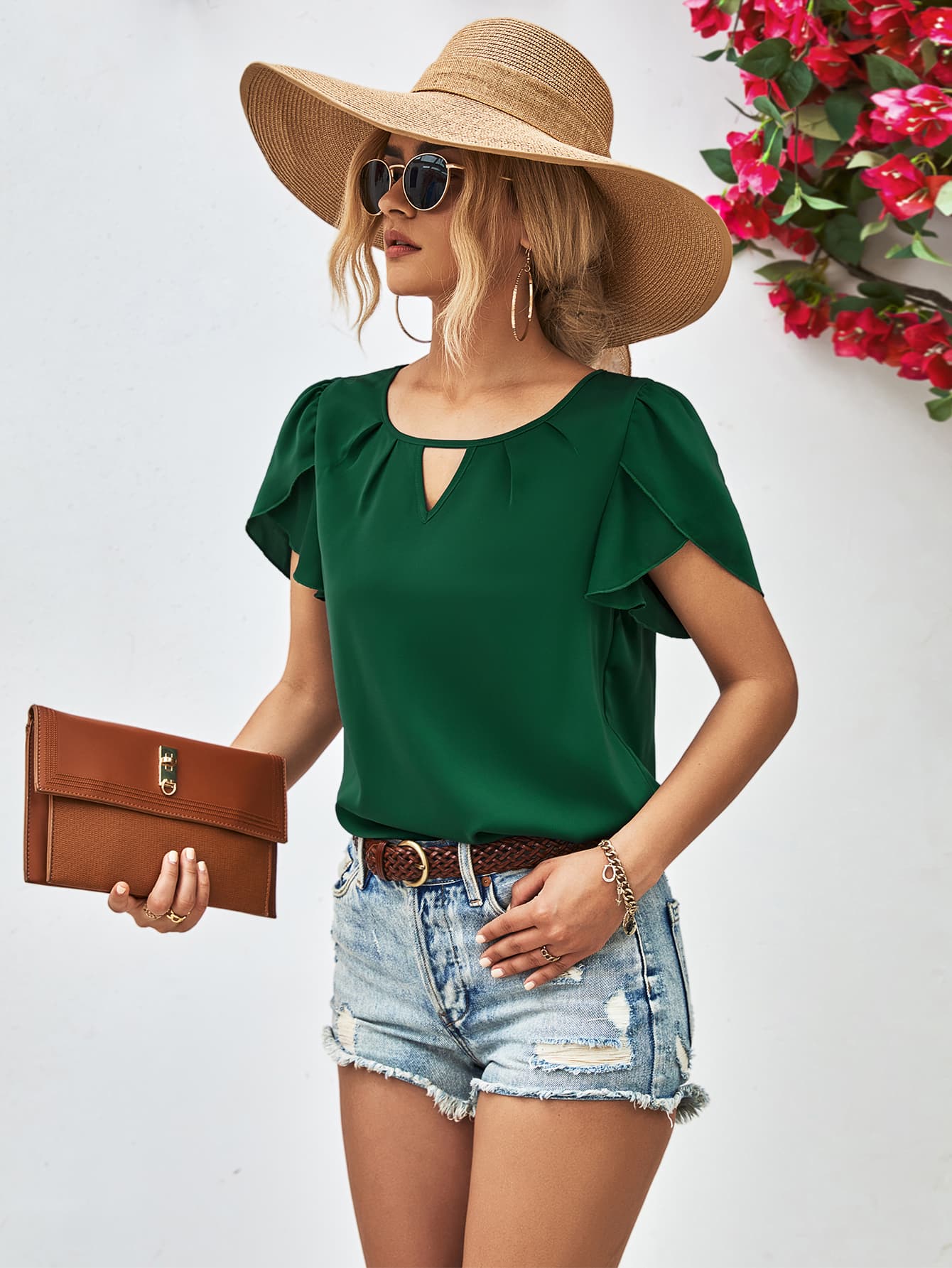 Cutout Keyhole Round Neck Petal Sleeve Blouse