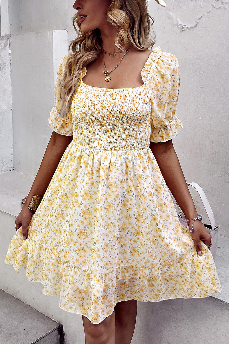 Rebecca Floral Smocked Square Neck Flounce Sleeve Dress