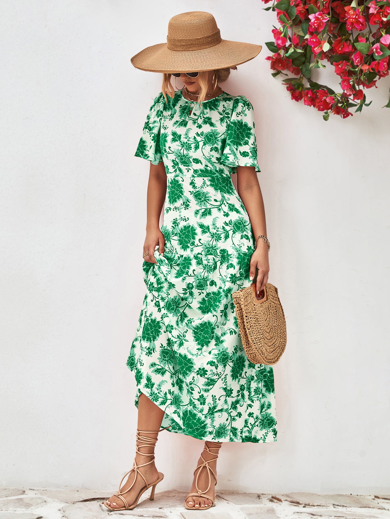Amanda Boho Floral Round Neck Open Back Dress