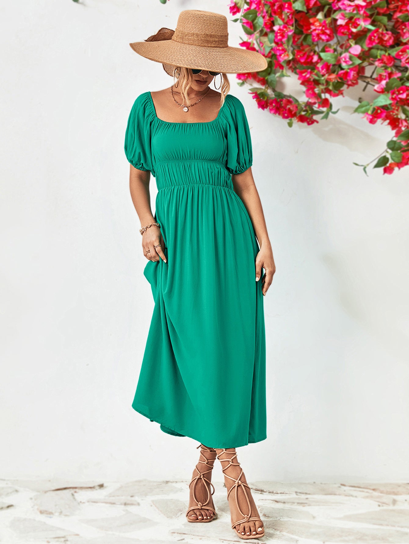 Hillary Boho Off the Shoulder Balloon Sleeve Midi Dress