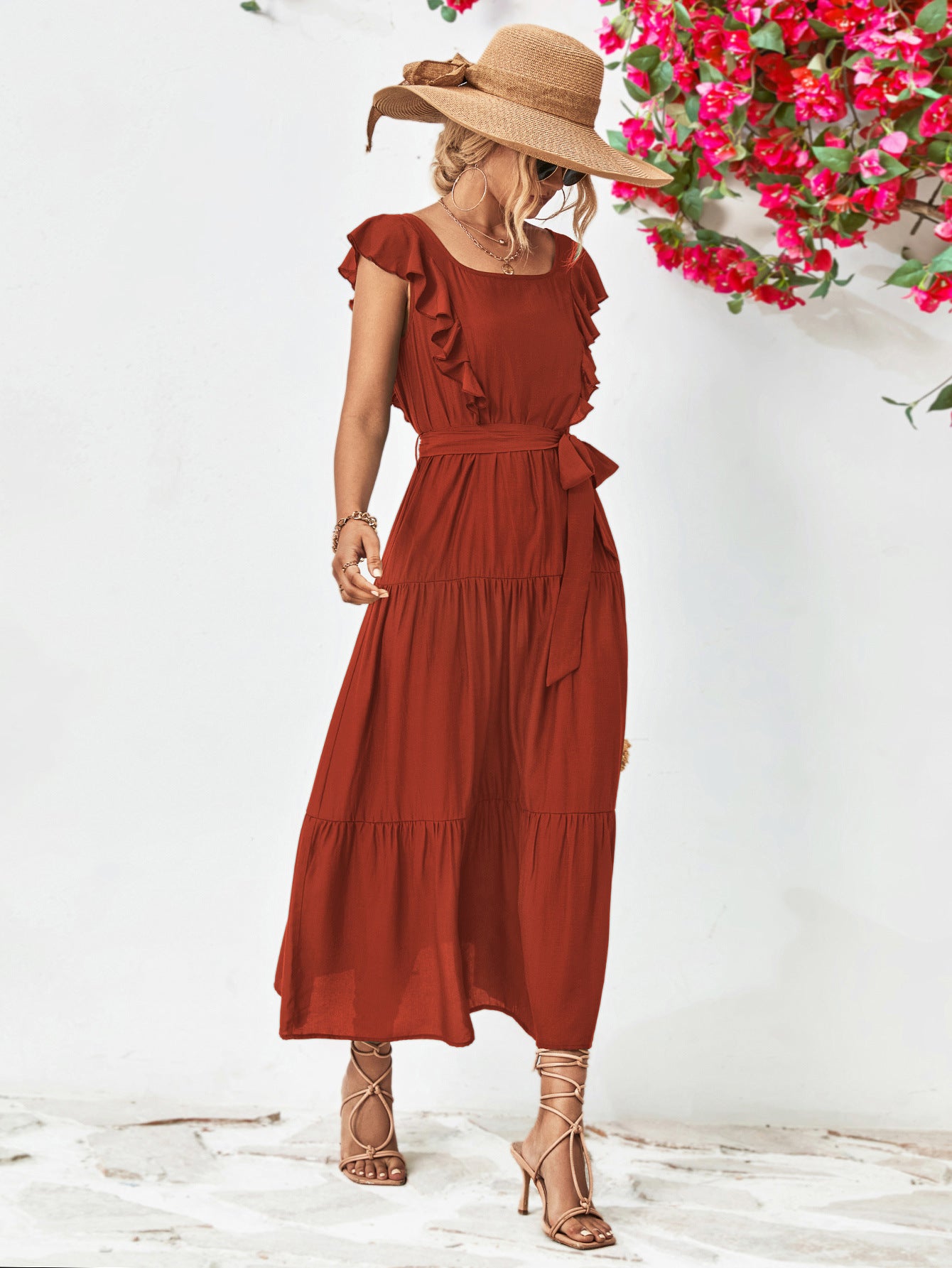 Evelyn Bohemian Tie Belt Ruffle Tier Midi Dress