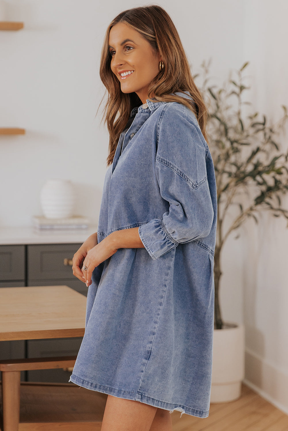 Denim Collared Neck Flounce Sleeve Mini Dress