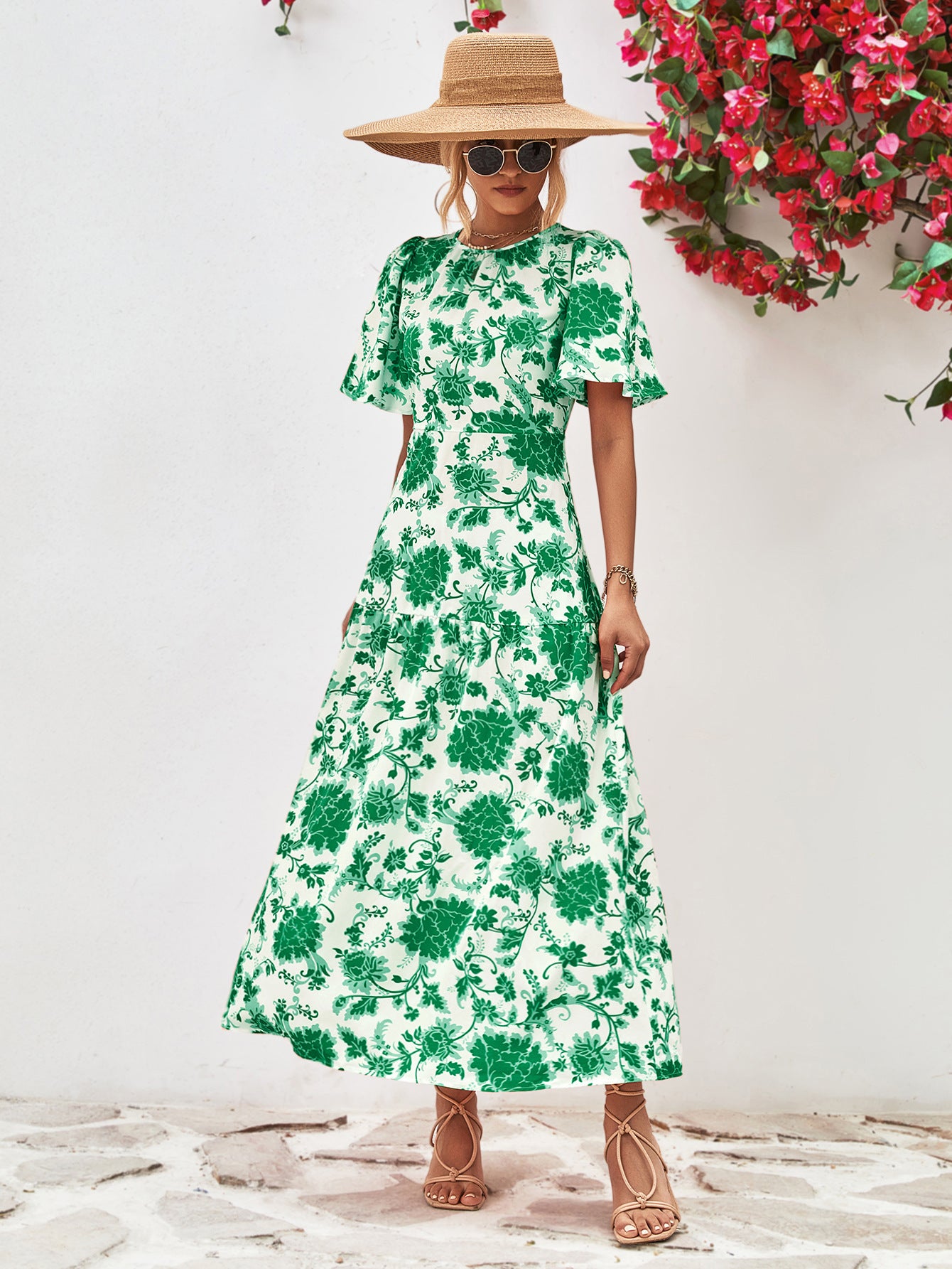 Amanda Boho Floral Round Neck Open Back Dress