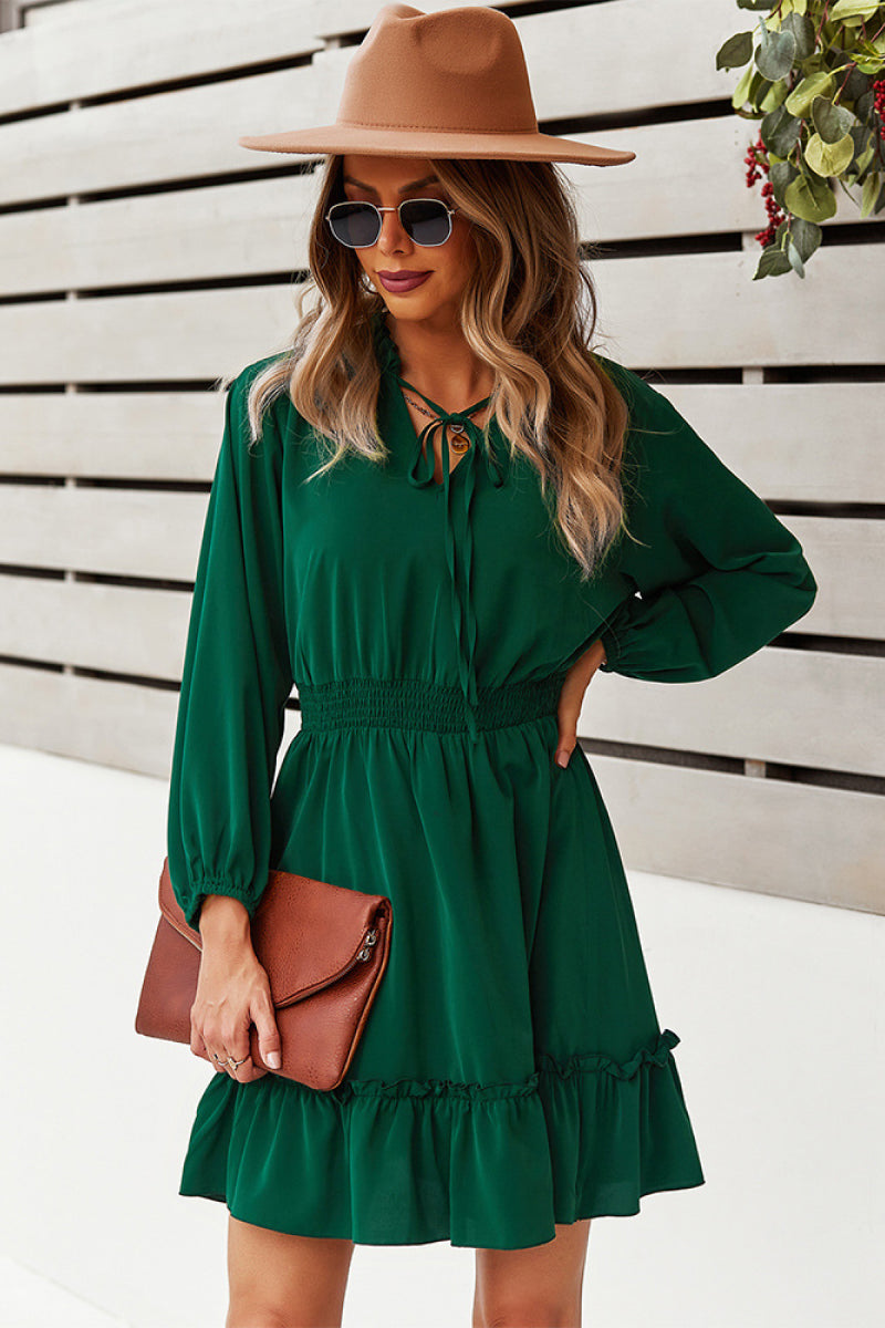 Camilla Tie Neck Smocked Waist Ruffle Hem Dress