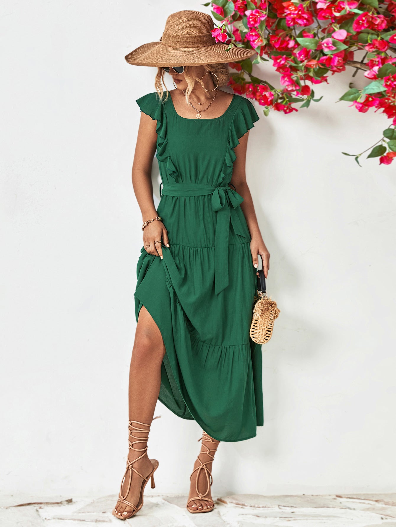 Evelyn Bohemian Tie Belt Ruffle Tier Midi Dress