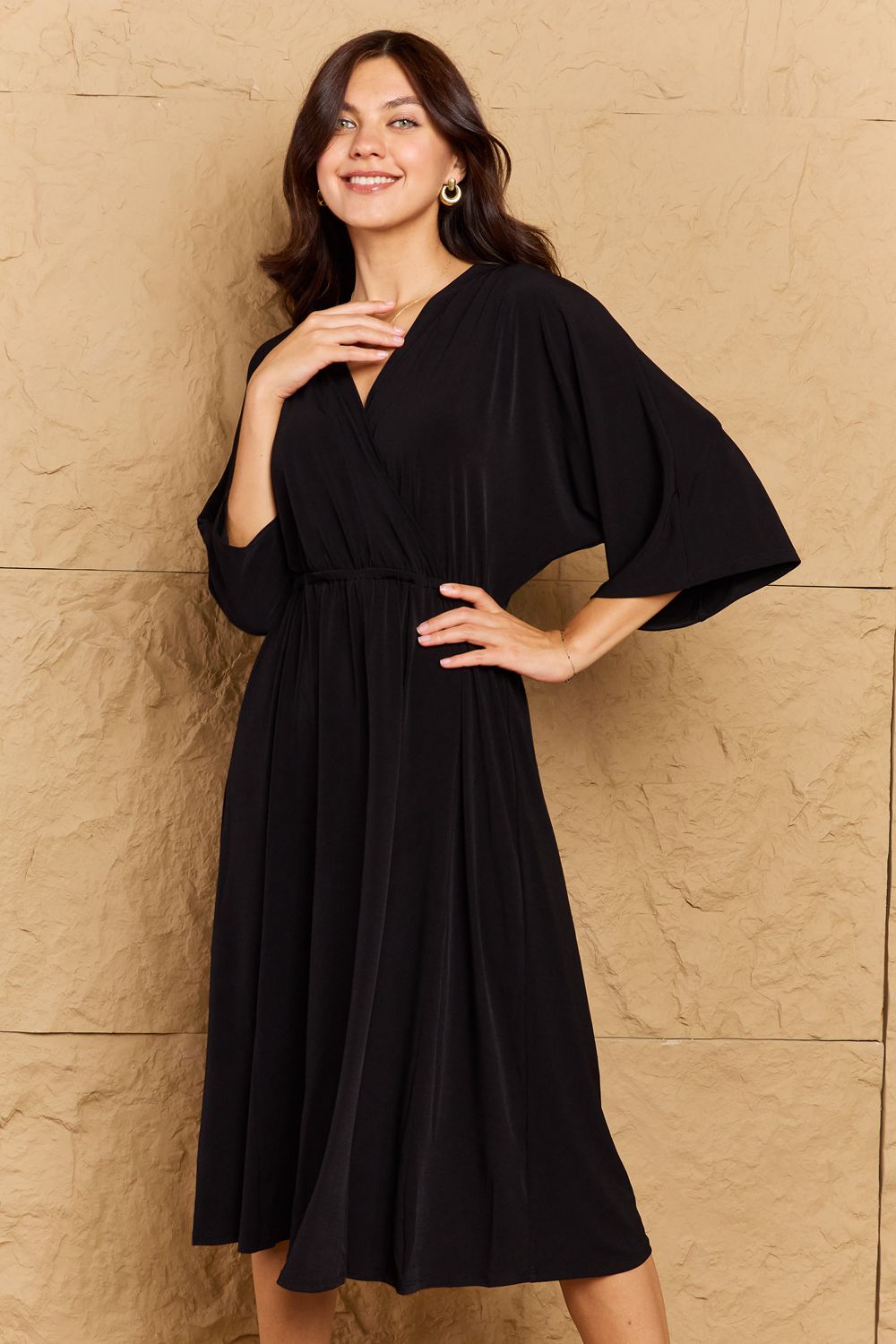 Bohemian OneTheLand Make Your Move Solid Surplice Midi Dress