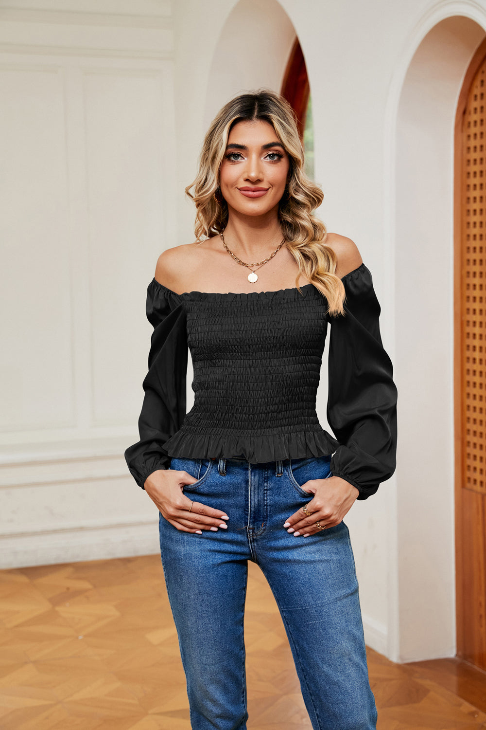 Bohemian Smocked Off the Shoulder Ruffle Hem Blouse