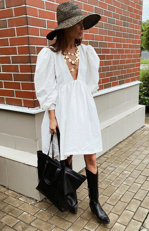 Women's Deep V-Neck Lantern Puff Sleeves Dress