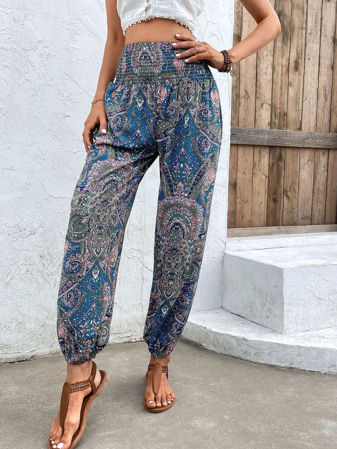 Boho Paisley Printed Smocked Waist Pants