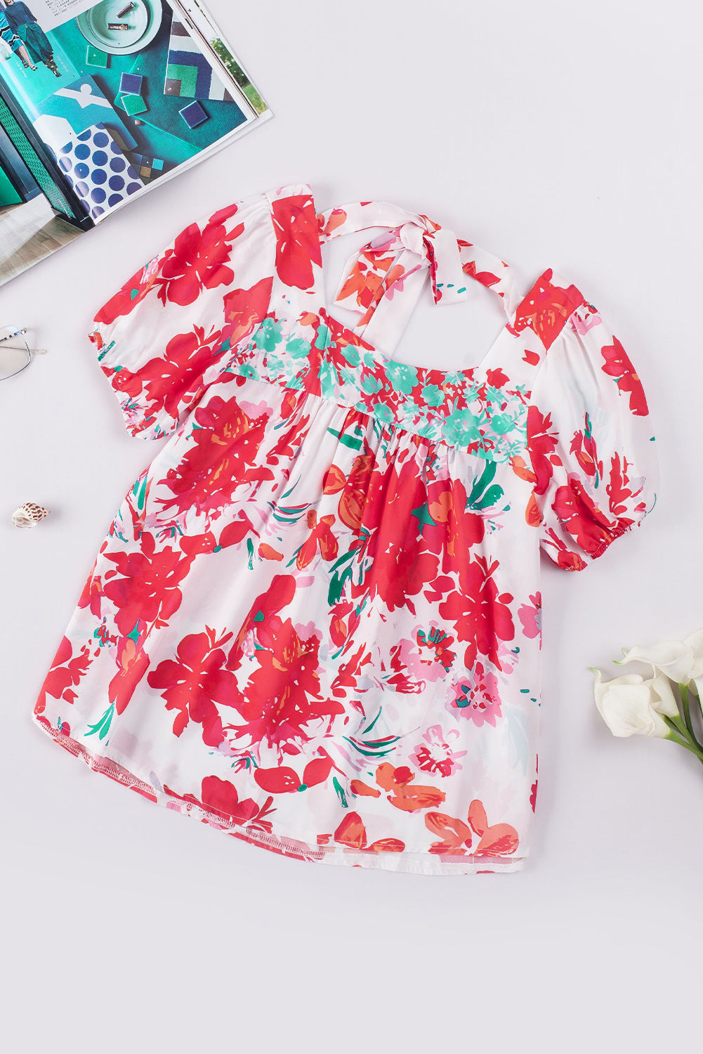 Bohemian Tropics Floral Tie Back Square Neck Blouse