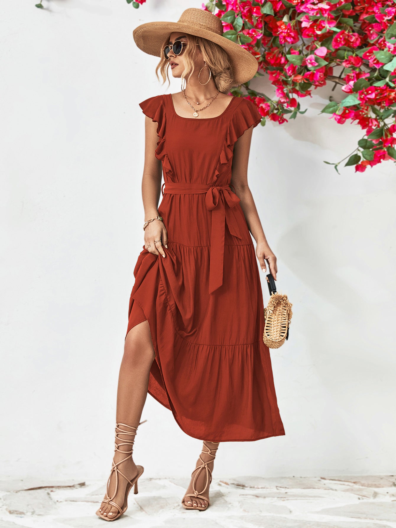 Evelyn Bohemian Tie Belt Ruffle Tier Midi Dress