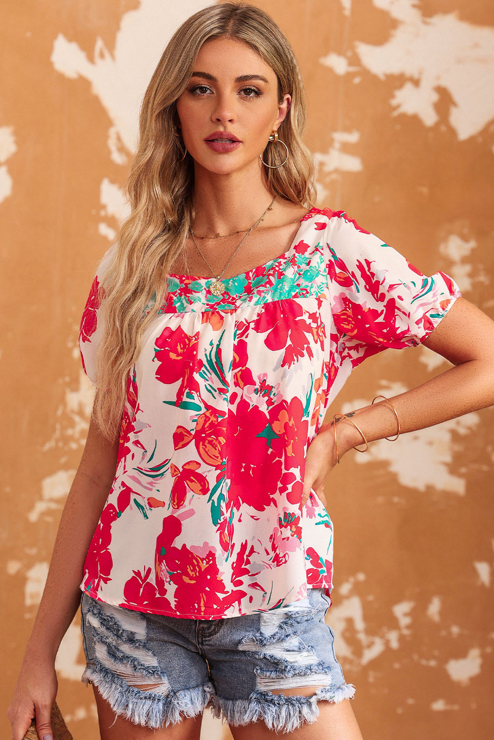 Bohemian Tropics Floral Tie Back Square Neck Blouse