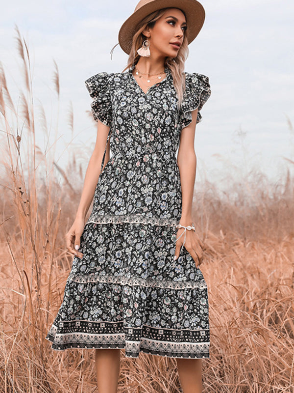Romantic Flowers Ruffle Sleeves Boho Modern Tiered Maxi Dress