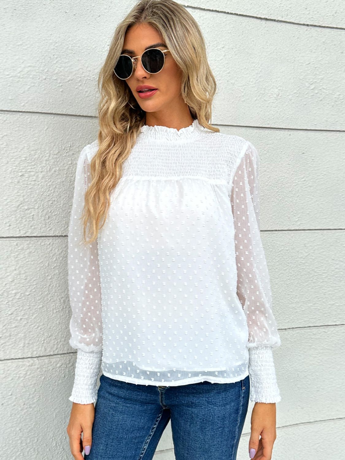 Bohemian White Swiss Dot Smocked Mock Neck Blouse