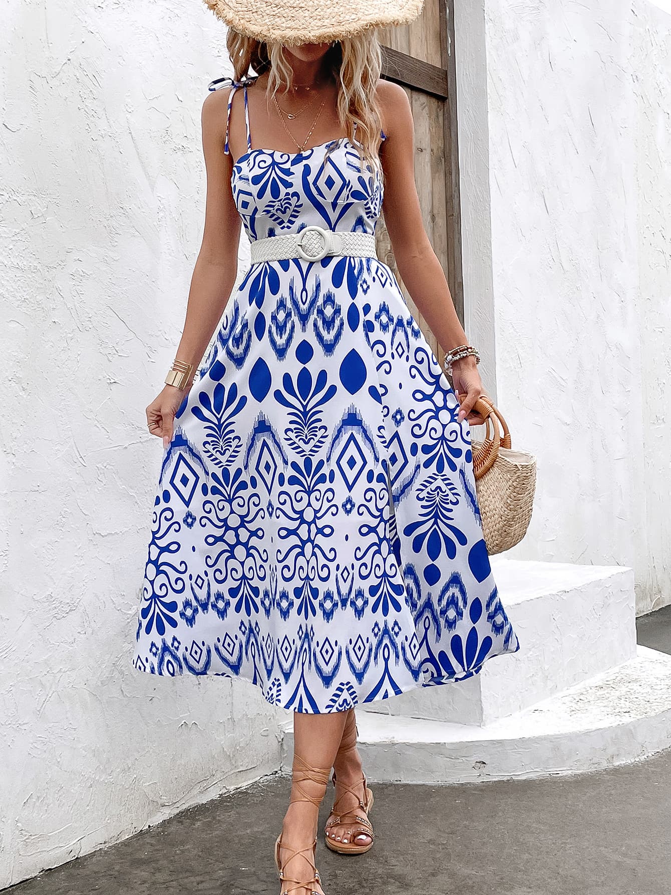 Alyssa Greek Printed Tie Shoulder Sweetheart Neck Dress