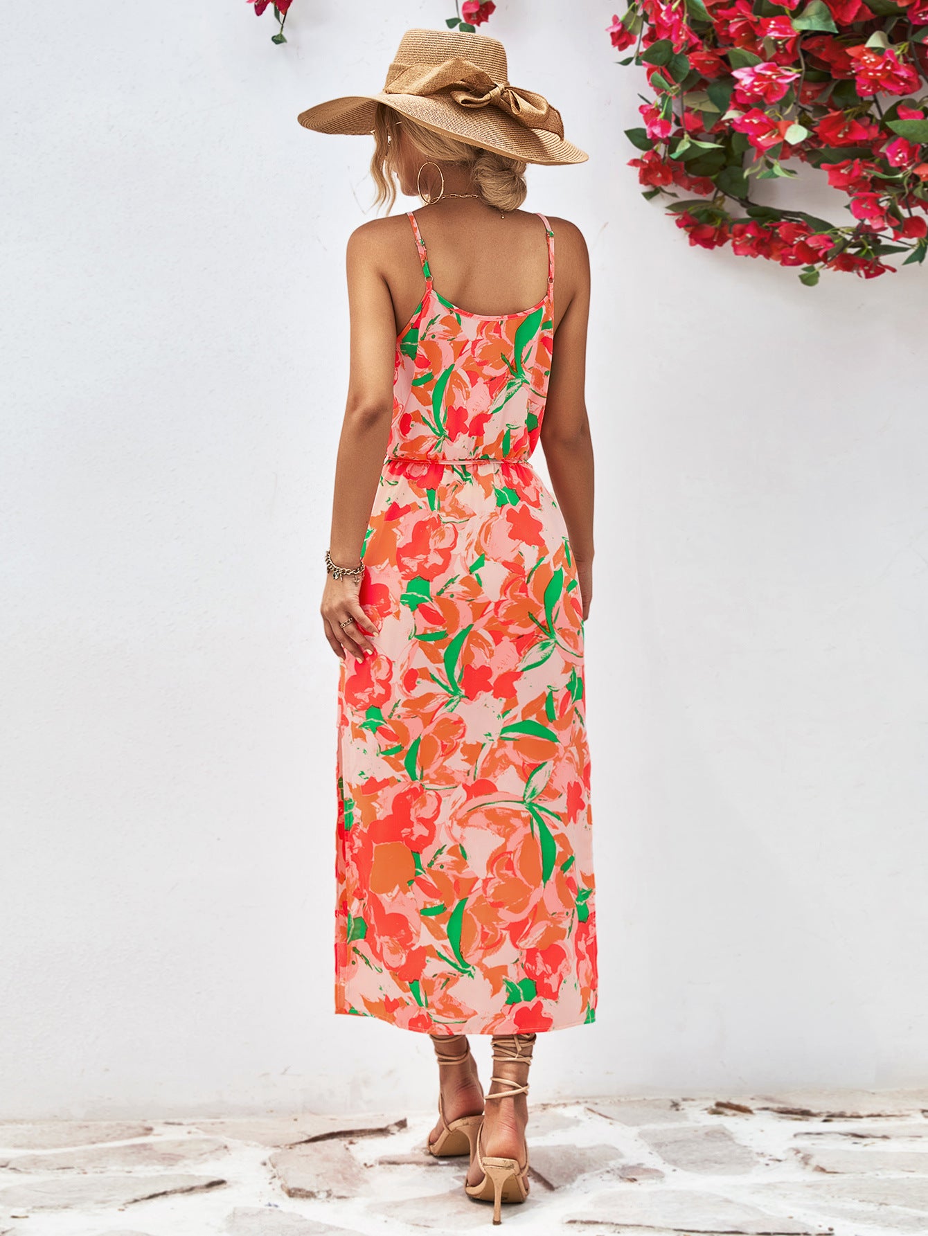 Gia Floral Printed Spaghetti Strap Front Slit Midi Dress