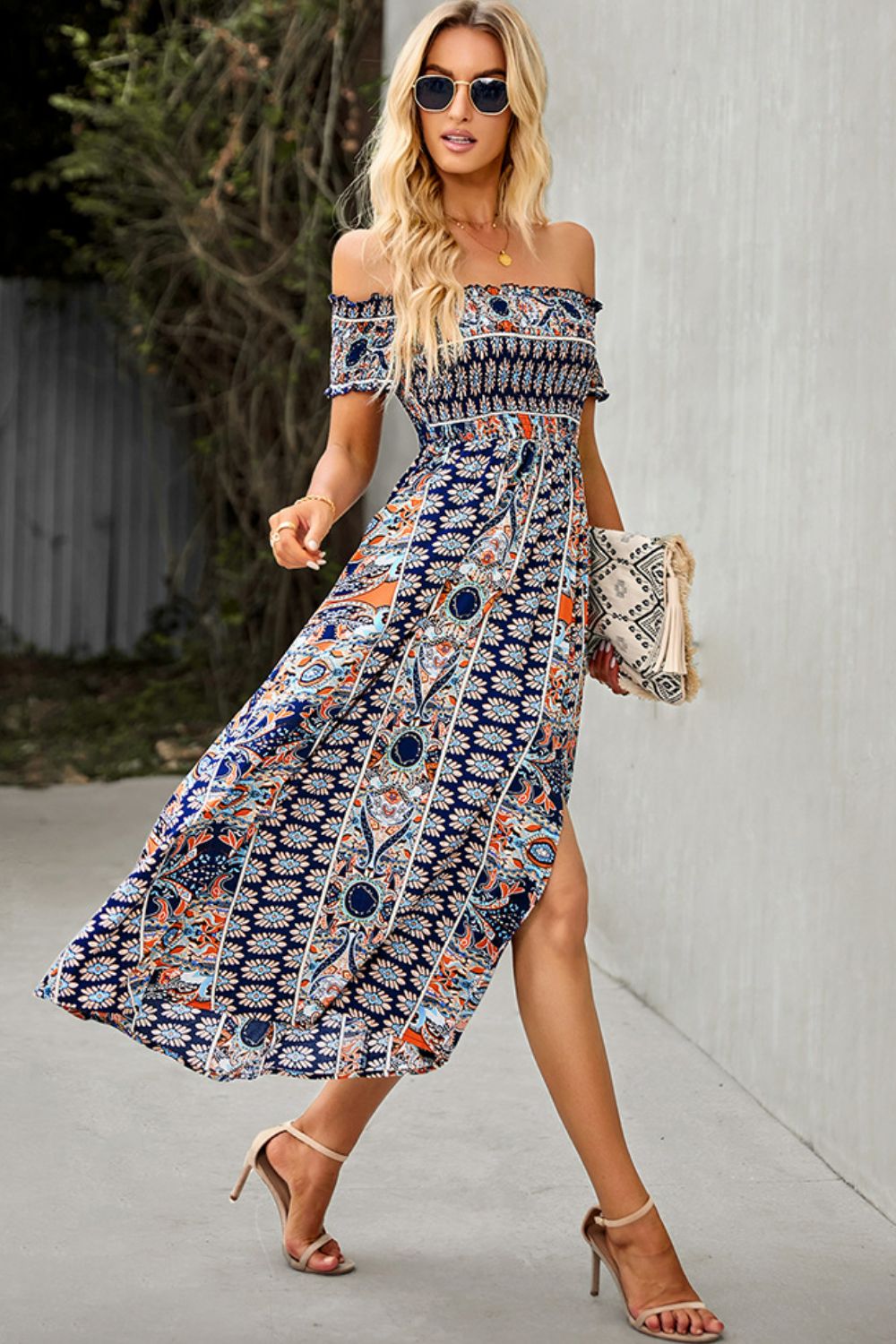 Bohemian Off-Shoulder Midi Frill Trim Split Dress