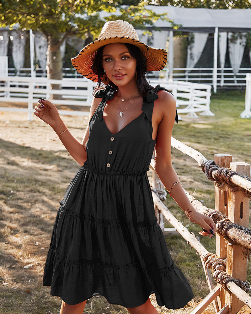 Davina Tie-Shoulder Decorative Button V-Neck Dress