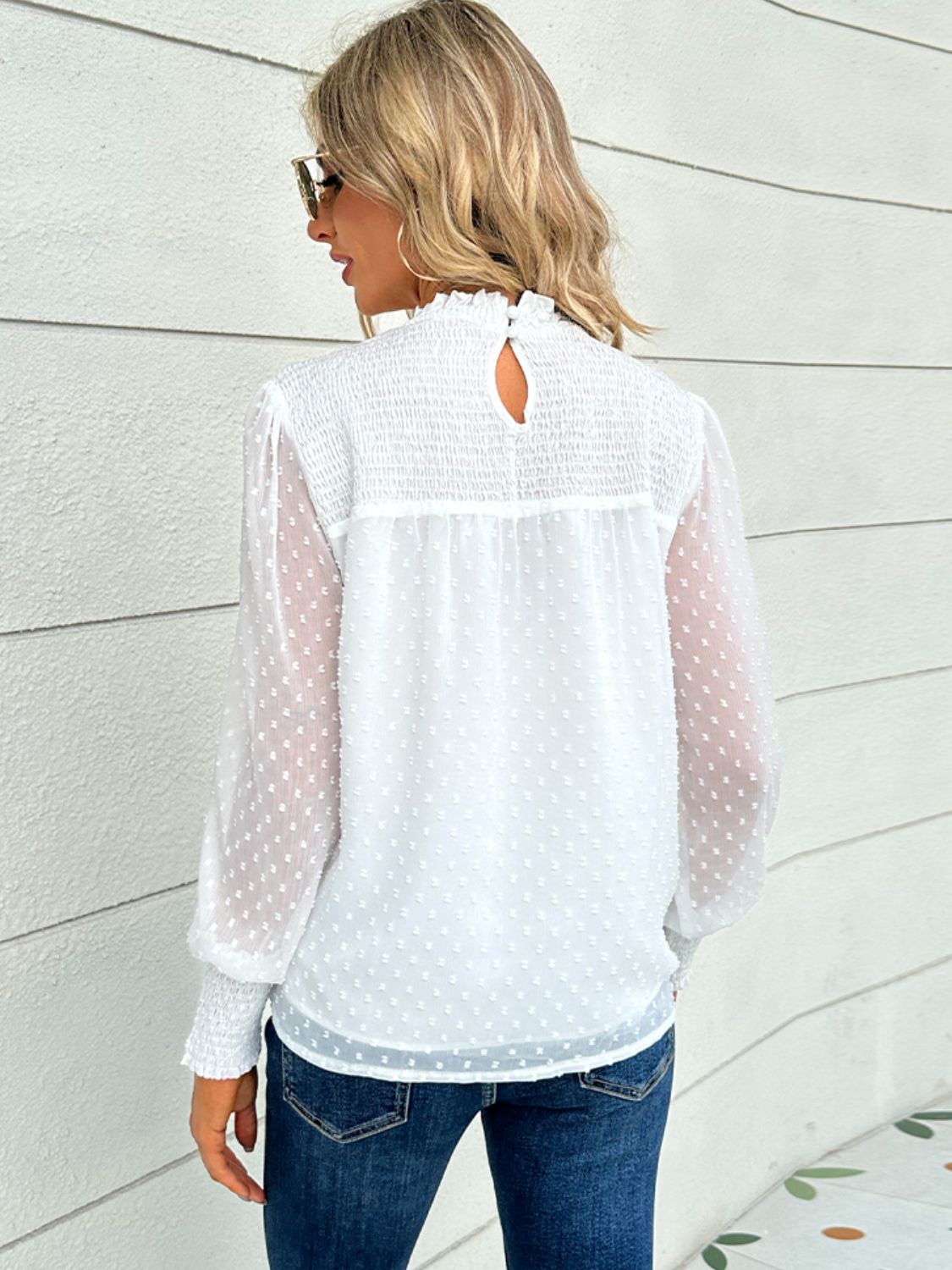 Bohemian White Swiss Dot Smocked Mock Neck Blouse