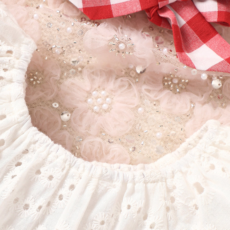 Little Baby Girl Bohemian Eyelet Lace Round Neck Top and Plaid Skort Set