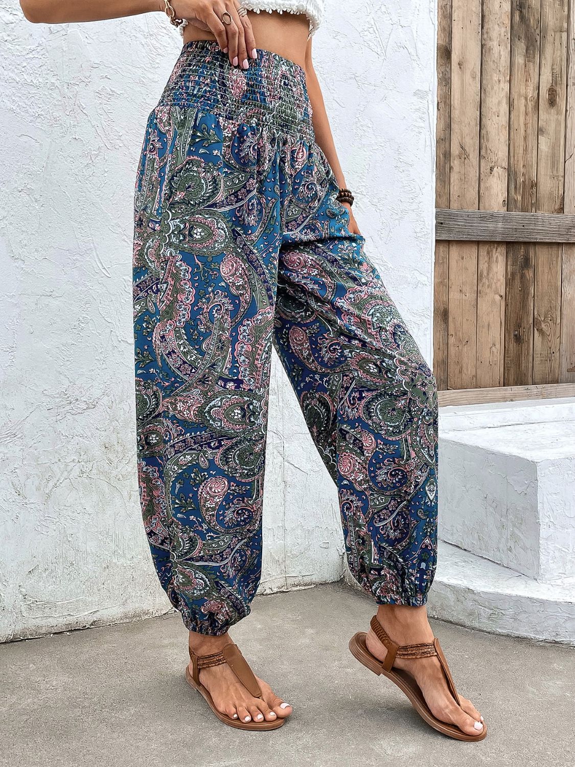 Boho Paisley Printed Smocked Waist Pants
