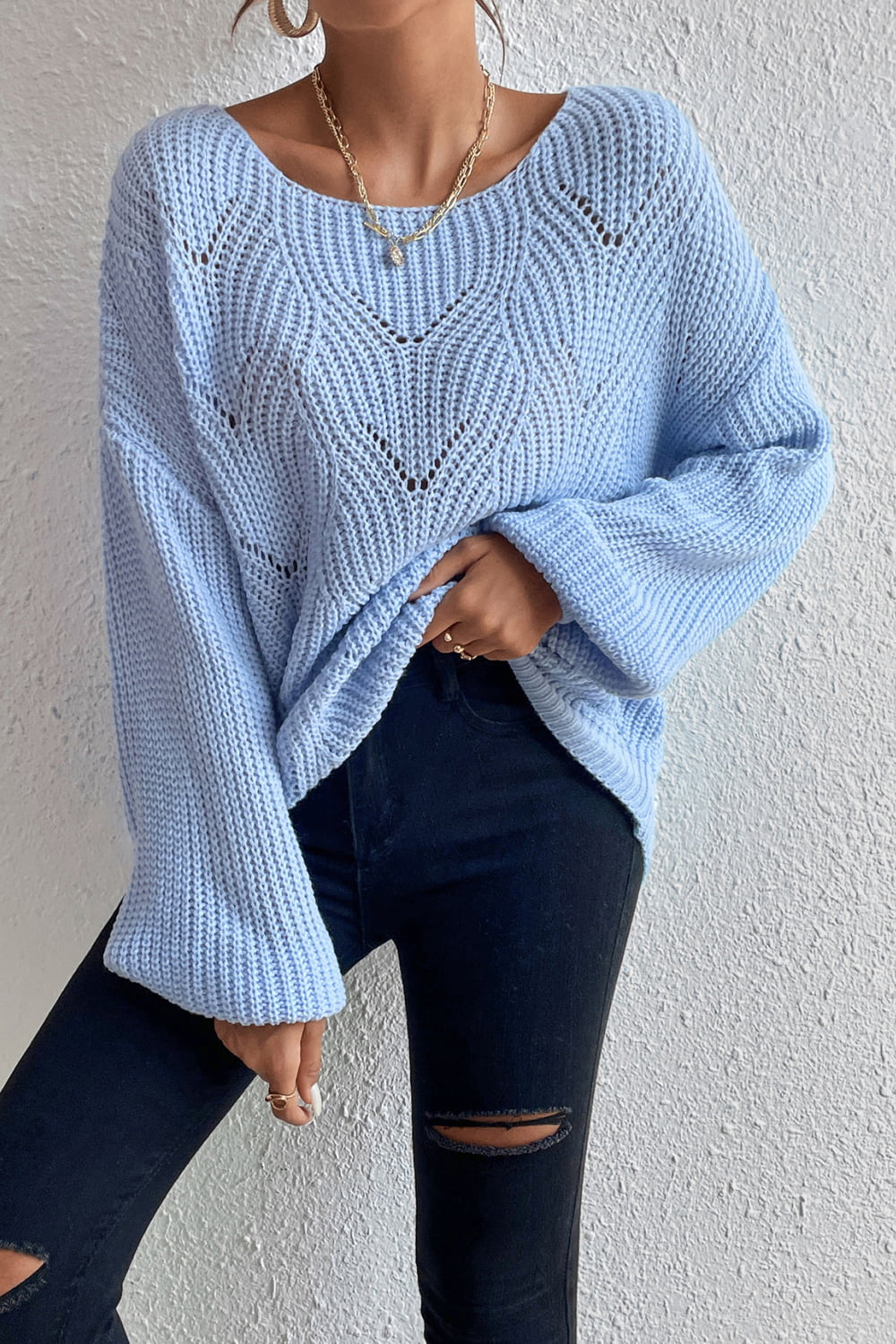 Boho Baby Blue Openwork Boat Neck Dropped Shoulder Sweater