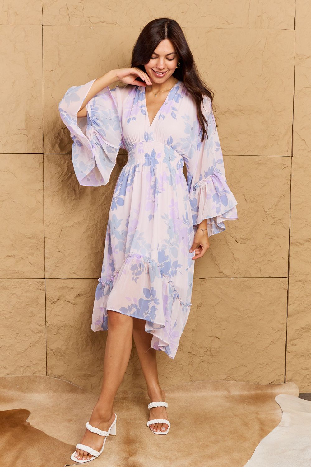 Bohemian OneTheLand Take Me With You Floral Bell Sleeve Midi Dress in Blue