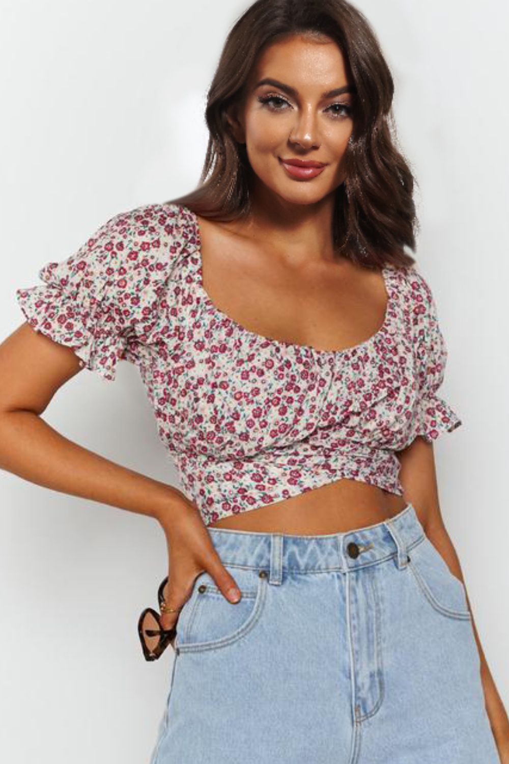 Boho Flower Print Ruffle Trim Off-Shoulder Back Tie Blouse