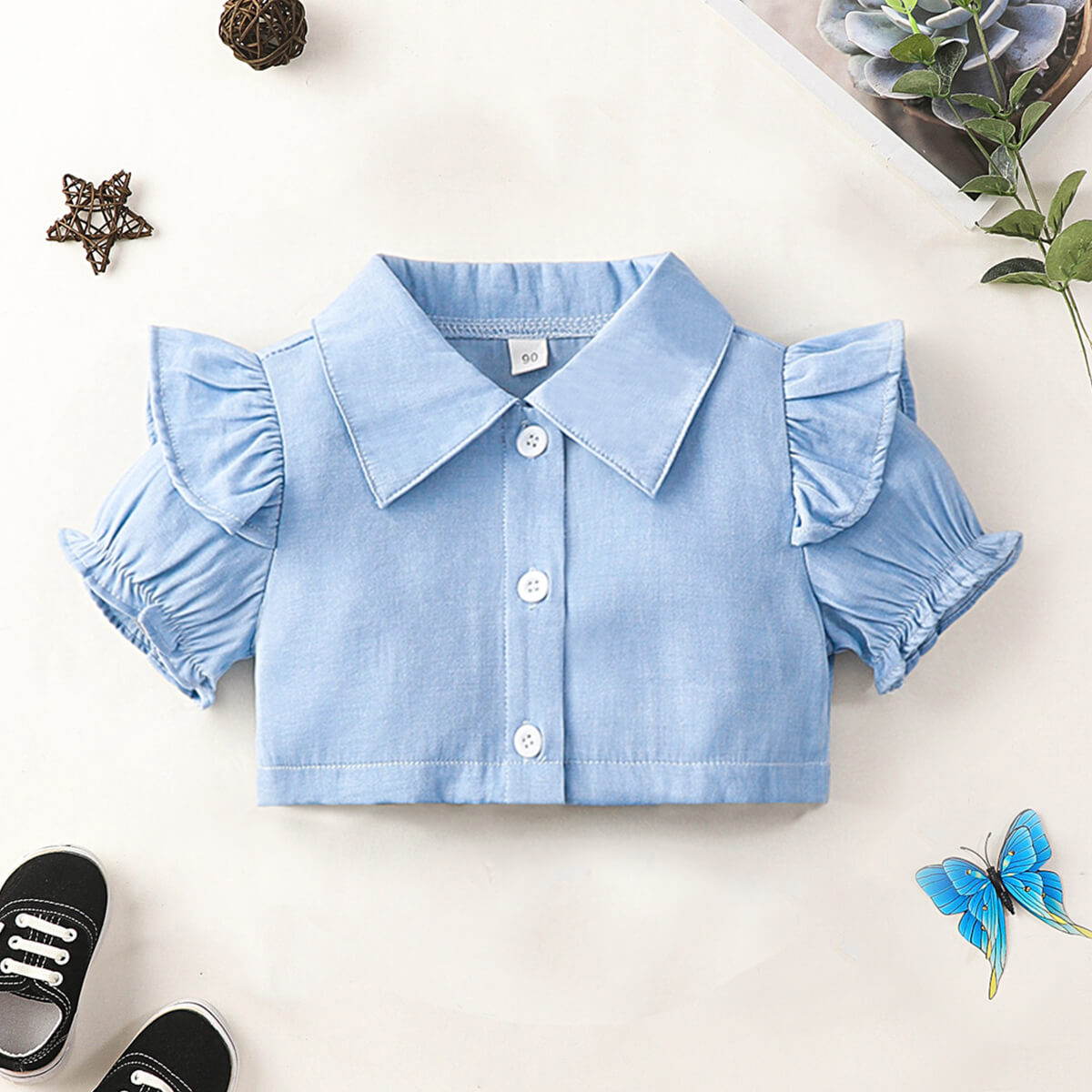 Little Girls - Big Girls Bohemian Ruffle Shoulder Shirt and Butterfly Applique Skirt Set