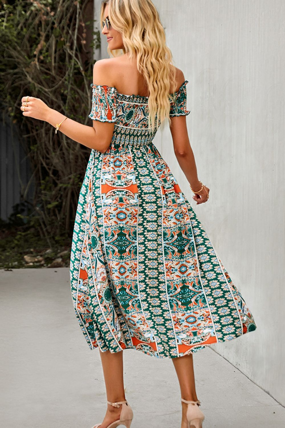 Bohemian Off-Shoulder Midi Frill Trim Split Dress
