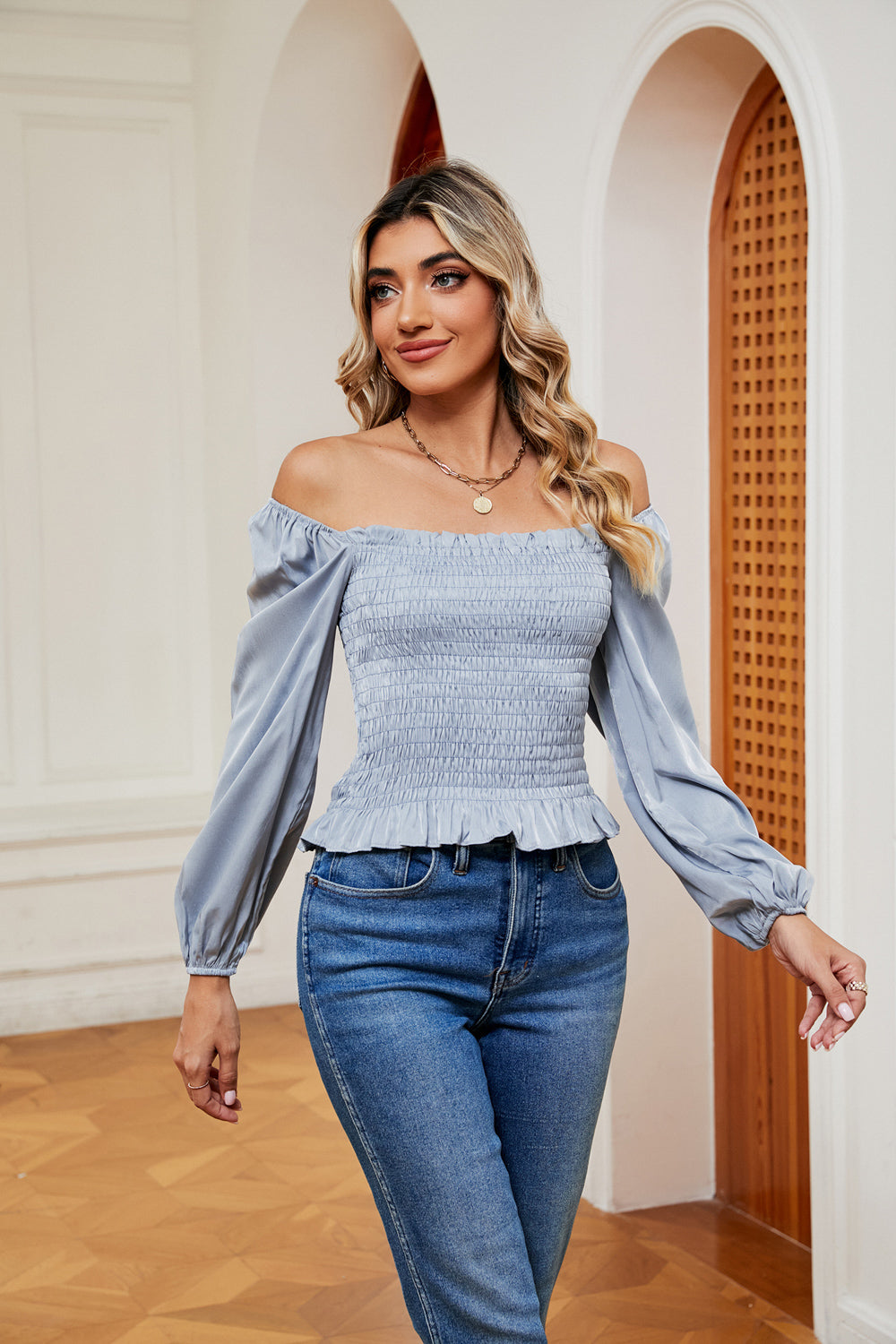 Bohemian Smocked Off the Shoulder Ruffle Hem Blouse