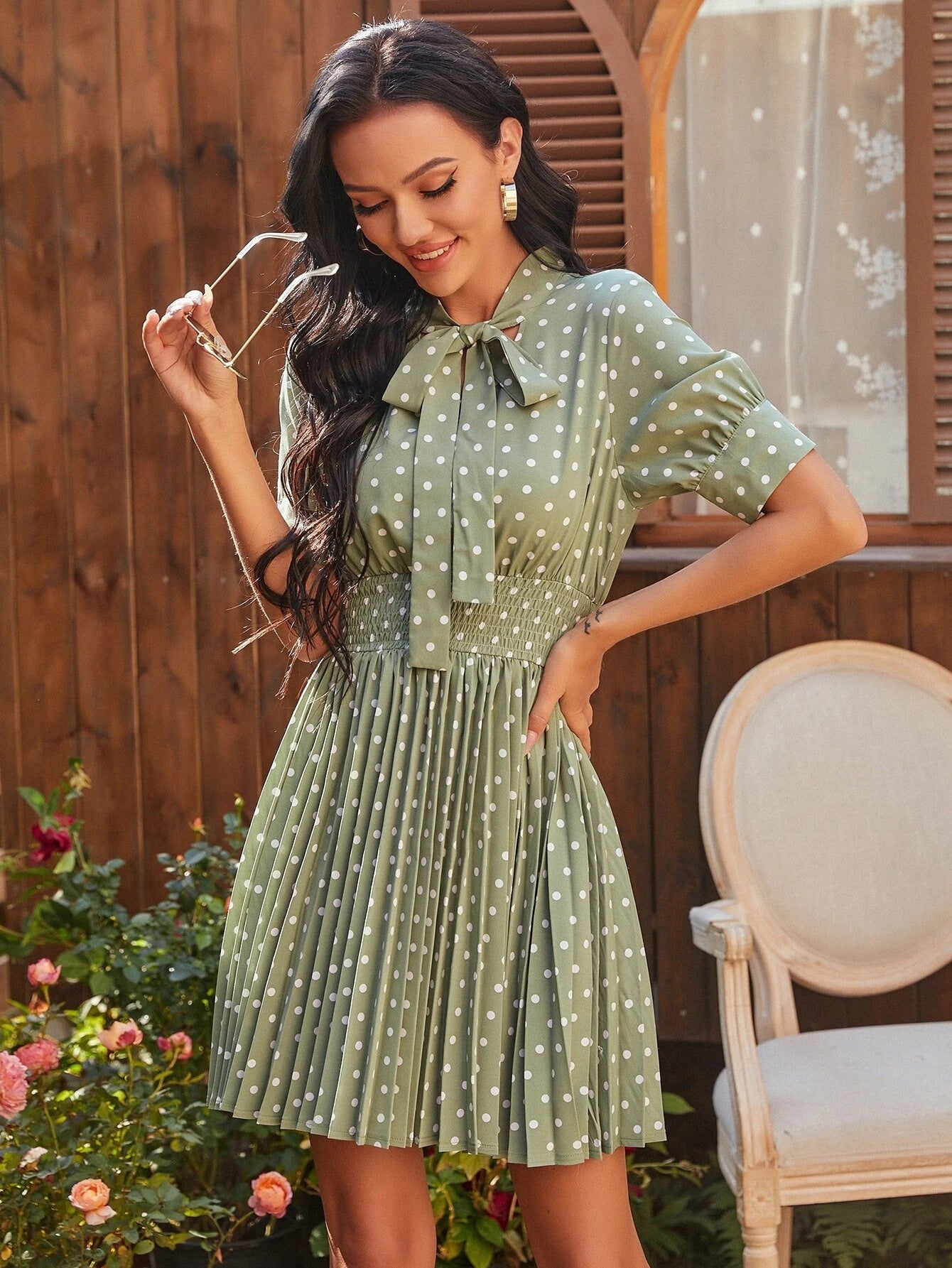 Amelia Bohemian Polka Dot Pleated Tie Neck Smocked Waist Dress