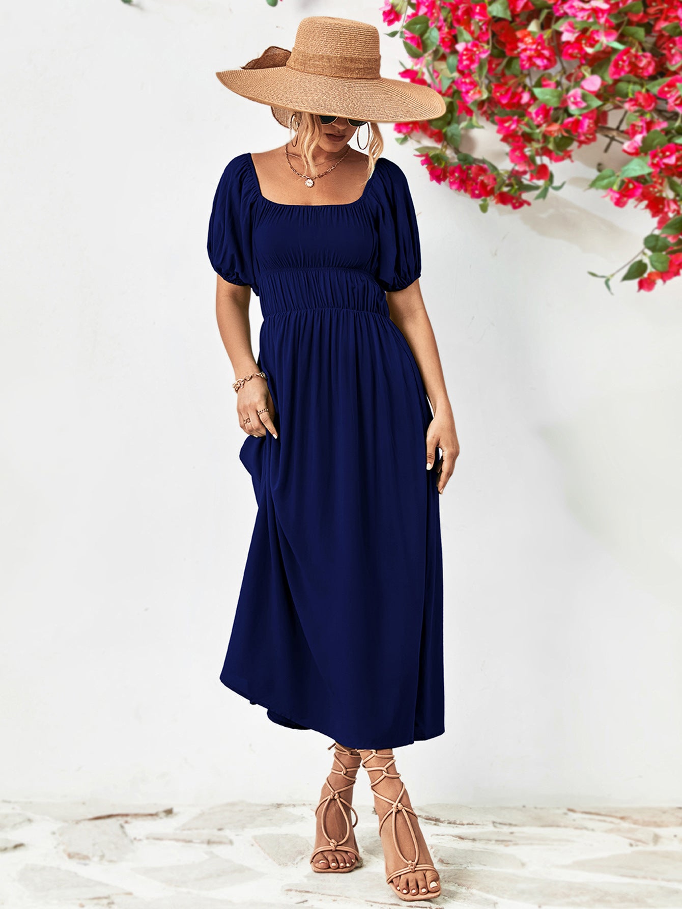 Hillary Boho Off the Shoulder Balloon Sleeve Midi Dress