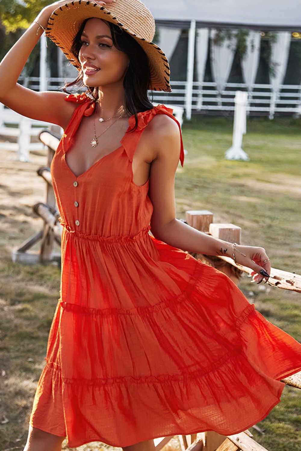 Davina Tie-Shoulder Decorative Button V-Neck Dress