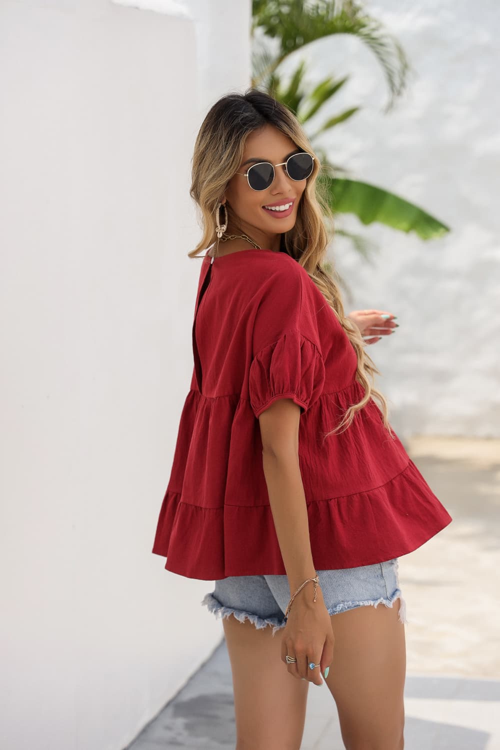 Boho Red Round Neck Ruched Short Sleeve Blouse